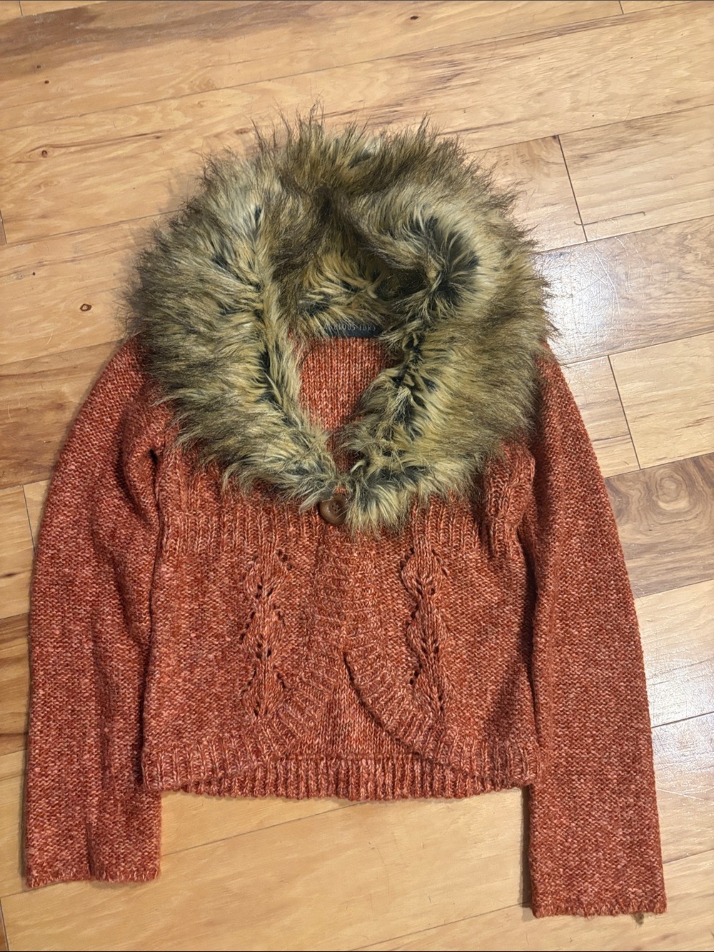 Fabulous Furs Orange Cable-Knit Sweater with Faux-Fur Collar